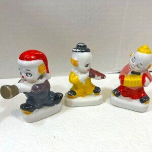 VTG 3 Piece Ceramic CLOWN BAND Figurines Violin Accordion Horn Musicians 3"